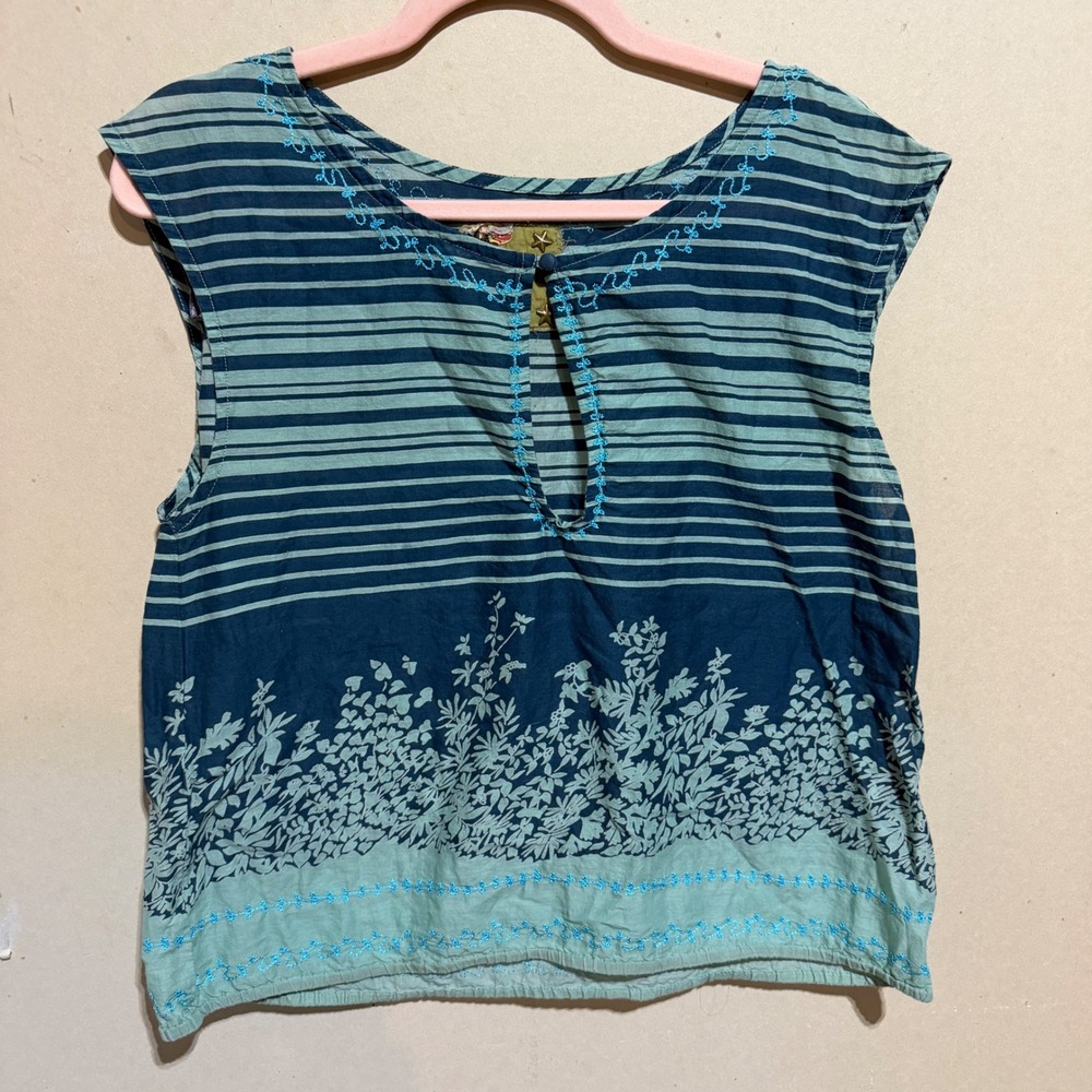 Free People Teal Blue Striped Floral Embroidered Keyhole Cotton Top Size 6